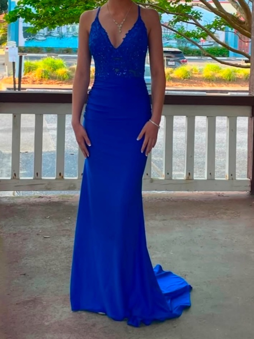 La Femme Royal Blue Beaded V-Neck Prom Dress